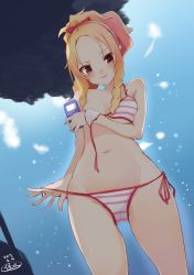 Rule 34 | 1girl, bare arms, bare shoulders, beach umbrella, bikini, bikini pull, blue sky, blush, bow, breasts, clothes pull, cowboy shot, dated, day, eromanga sensei, forehead, from below, hair bow, highres, holding, legs apart, long hair, looking at viewer, looking down, navel, outdoors, parted lips, pink bikini, pink bow, ponytail, pulling own clothes, red ribbon, reku hisui, ribbon, side-tie bikini bottom, sidelocks, signature, sky, small breasts, smug, solo, standing, stomach, striped bikini, striped clothes, swimsuit, teasing, umbrella, underboob, untied bikini, v-shaped eyebrows, yamada elf