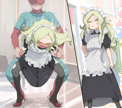 Rule 34 | 2boys, anal, blush, crossdressing, cum, cum on clothes, ejaculating while penetrated, ejaculation, grabbing, grabbing from behind, green hair, highres, long hair, maid, maid headdress, male focus, male penetrated, multiple boys, open mouth, original, sex, sex from behind, shiranaihito (artist), thighhighs, trap, yaoi, yellow eyes
