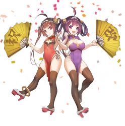 Rule 34 | 2girls, :d, :o, ahoge, asymmetrical legwear, azur lane, blush, breasts, brown hair, brown legwear, china dress, chinese clothes, cleavage, confetti, dress, folding fan, full body, ha2ru, hair rings, hairband, hand fan, high heels, large breasts, locked arms, long hair, looking at viewer, mismatched legwear, multiple girls, ning hai (azur lane), open mouth, pelvic curtain, ping hai (azur lane), purple eyes, purple hair, red eyes, side slit, simple background, small breasts, smile, striped clothes, striped legwear, striped thighhighs, thighhighs, twintails, v, vertical-striped clothes, vertical-striped legwear, vertical-striped thighhighs, white background