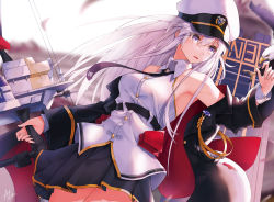 Rule 34 | 1girl, absurdres, alter (kxk7357), armpits, azur lane, bald eagle, bare shoulders, belt, bird, bird on hand, black belt, black coat, black neckwear, blurry, blurry background, bow (weapon), breasts, buttons, coat, collared shirt, commentary, cowboy shot, dutch angle, eagle, enterprise (azur lane), flight deck, hair between eyes, hat, highres, holding, holding bow (weapon), holding weapon, large breasts, long hair, long sleeves, looking to the side, military hat, necktie, open clothes, open coat, parted lips, peaked cap, pleated skirt, purple eyes, rigging, shirt, sidelocks, signature, silver hair, skirt, sleeveless, sleeveless shirt, solo focus, standing, underbust, very long hair, weapon, white background, white headwear