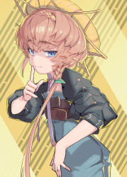 Rule 34 | 1girl, blue eyes, blue overalls, braid, commentary request, crown braid, fate/grand order, fate (series), finger to mouth, hat, index finger raised, light brown hair, lolicom, long hair, looking at viewer, overalls, shushing, side braid, solo, upper body, van gogh (fate)