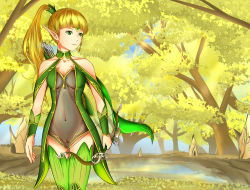 Rule 34 | 10s, 1girl, blonde hair, breasts, dragon nest, dress, elf, female focus, forest, green eyes, highres, leotard, liya, nature, outdoors, plant, pointy ears, pussy, sky, solo, undressing