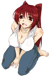 Rule 34 | 1girl, bare shoulders, barefoot, blush, breasts, cleavage, denim, face, feet, heart, jeans, kneeling, kousaka tamaki, large breasts, long hair, pants, red hair, sitting, solo, to heart (series), to heart 2, wariza, yamaguchi homupe