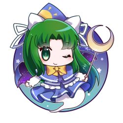 Rule 34 | 1girl, blue capelet, blue sky, blue vest, bow, capelet, chibi, crescent, frilled vest, frills, green eyes, green hair, hat, highres, long hair, milll 77, mima (touhou), one eye closed, parted bangs, shirt, sky, staff, sun print, touhou, touhou (pc-98), very long hair, vest, white shirt, wizard hat, yellow bow, yellow neckwear