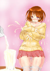 Rule 34 | !?, 1girl, blush, breast expansion, breast hold, breasts, brown eyes, brown hair, covered erect nipples, glass, huge breasts, lactation, lactation through clothes, milk, milk carton, short hair, skirt, solo, surprised, sweater, thigh gap, thighhighs, zettai ryouiki