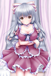 Rule 34 | 1girl, akino irori, alternate costume, bow, breast hold, breasts, brown eyes, cleavage, collarbone, commentary request, crossed arms, curtains, detached collar, dress, frilled dress, frills, fujiwara no mokou, hair between eyes, hair bow, highres, long hair, looking at viewer, medium breasts, red dress, short sleeves, silver hair, solo, touhou, white bow, wrist cuffs