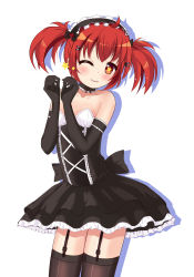 Rule 34 | 1girl, ;3, ahoge, arm garter, bare shoulders, black bow, black dress, black gloves, black hairband, black neckwear, black ribbon, black thighhighs, blush, borrowed character, bow, breasts, choker, cleavage, commentary request, cowboy shot, dress, elbow gloves, frilled choker, frilled dress, frilled hairband, frills, garter straps, gloves, gothic lolita, hair bow, hair ornament, hairband, hairclip, highres, layered dress, lolita fashion, lolita hairband, long hair, looking at viewer, one eye closed, original, red eyes, red hair, ribbon, short twintails, sidelocks, simple background, small breasts, solo, standing, star-shaped pupils, star (symbol), strapless, strapless dress, symbol-shaped pupils, thighhighs, twintails, vivian (mvv), white background, xiaosamiao