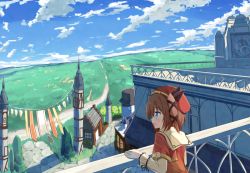 Rule 34 | 1girl, balcony, banner, blue eyes, blue sky, brown hair, buckle, building, capelet, clock, clock tower, cloud, cobblestone, day, frilled sleeves, frills, hair ribbon, hat, layered clothes, long sleeves, lucena winter, open mouth, original, railing, red hat, ribbon, short hair, side ponytail, sky, smile, solo, tower, town, yuuhagi (amaretto-no-natsu)