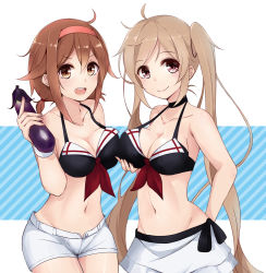 Rule 34 | 10s, 2girls, adapted costume, ahoge, bikini, bikini top only, breast hold, breasts, brown hair, cleavage, colis (regunm772), eggplant, hairband, kantai collection, long hair, midriff, multiple girls, murasame (kancolle), navel, red hairband, shiratsuyu (kancolle), short shorts, shorts, sidelocks, striped, striped background, swimsuit, twintails, unbuttoned, very long hair