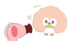 Rule 34 | ?, animal, animal focus, beak, bird, bow, bowtie, brown feathers, creatures (company), feathers, floating, floating object, fluffy, game freak, gen 7 pokemon, green bow, green bowtie, hair dryer, highres, nintendo, o o, owl, pastel colors, pokemon, pokemon (creature), rowlet, simple background, sob 0, speech bubble, spoken question mark, sweatdrop, talons, white background, white feathers