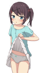 Rule 34 | 1girl, black hair, blue eyes, blue shirt, blush, bow, bow panties, clothes lift, collarbone, commentary request, hair ornament, hairclip, highres, lifted by self, looking at viewer, original, panties, parted lips, pleated skirt, shirt, short sleeves, side ponytail, simple background, skirt, skirt lift, solo, takasuma hiro, underwear, white background, white panties, white skirt