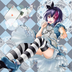Rule 34 | 1boy, absurdres, alice (alice in wonderland), alice (alice in wonderland) (cosplay), alice in wonderland, apron, b-project, bloomers, blue nails, candy, card, cosplay, crossdressing, dress, food, hair ribbon, highres, korekuni ryuuji, lollipop, looking at viewer, male focus, mary janes, millha, multicolored hair, nail polish, purple eyes, purple hair, ribbon, shoes, smile, solo, striped clothes, striped thighhighs, thighhighs, trap, two-tone hair, underwear