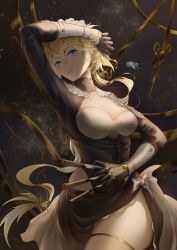 Rule 34 | 1girl, blonde hair, blue eyes, braid, breasts, brown dress, brown gloves, cleavage, closed mouth, dial, dress, feet out of frame, french braid, g36 (girls&#039; frontline), girls&#039; frontline, girls&#039; frontline neural cloud, gloves, hand on forehead, holding, holding knife, knife, lips, long hair, long sleeves, looking at viewer, medium breasts, solo, standing, star (symbol), starry background, thatob, thighs