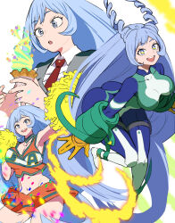 Rule 34 | 1girl, :o, blue eyes, blue hair, bodysuit, boku no hero academia, bouncing breasts, breasts, cheerleader, collarbone, collared shirt, commentary, covered collarbone, cowboy shot, cropped shirt, drill hair, full body, gabu (az210309), gloves, hadou nejire, hands up, highres, holding food, holding ice cream, ice cream, large breasts, light blue hair, long hair, looking at object, looking at viewer, miniskirt, multiple views, nail, navel, necktie, open mouth, orange skirt, pom pom (cheerleading), red necktie, school uniform, shirt, simple background, skin tight, skirt, sleeveless, sleeveless shirt, smile, standing, teeth, upper teeth only, very long hair, waistcoat, yellow gloves