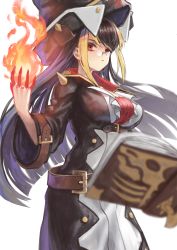 Rule 34 | 1girl, belt, black hair, black hat, blonde hair, blurry, blurry foreground, book, breasts, closed mouth, cowboy shot, dress, female focus, finger cots, fire, floating, floating book, floating object, glasses, hand up, hat, highres, large breasts, level9kaito, long hair, long sleeves, looking at viewer, multicolored clothes, multicolored dress, multicolored hair, nikola (world flipper), open book, pince-nez, pyrokinesis, red eyes, round eyewear, shoulder spikes, sidelocks, simple background, solo, spikes, standing, two-tone hair, white background, wide sleeves, world flipper