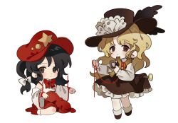 Rule 34 | 2girls, bare shoulders, black eyes, black hair, blonde hair, bow, bowtie, brown dress, brown eyes, brown footwear, brown headwear, cabbie hat, chibi, cross, detached sleeves, dolls in pseudo paradise, dress, flat cap, frilled dress, frilled hat, frills, full body, hat, hat feather, hat ornament, highres, holding, holding cross, jacket girl (dipp), kozumi (tokuni naitteba), label girl (dipp), long hair, long sleeves, medium hair, multiple girls, nontraditional miko, parted bangs, pinafore dress, red bow, red bowtie, red footwear, red headwear, red rope, red skirt, rope, shirt, side ponytail, simple background, sitting, skirt, sleeveless, sleeveless dress, socks, stake, standing, standing on one leg, star (symbol), star hat ornament, touhou, wariza, wavy hair, white background, white shirt, white sleeves, white socks, wide sleeves