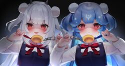 Rule 34 | 2girls, aged down, bao (vtuber), black dress, black horns, blue hair, blue nails, blush, crime prevention buzzer, dress, eyes in shadow, from below, highres, holding, horns, indie virtual youtuber, long hair, lucy pyre, maru ccy, multiple girls, open mouth, pinafore dress, pink nails, red eyes, red ribbon, ribbon, school uniform, shirt, shukusei!! loli-gami requiem, sleeveless, sleeveless dress, two side up, upper body, virtual youtuber, white hair, white shirt