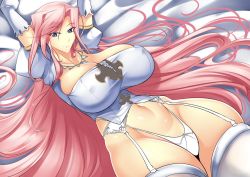 Rule 34 | 1girl, blue eyes, breasts, garter belt, haganef, huge breasts, large breasts, long hair, pink hair, solo, tagme, thighhighs, unfinished