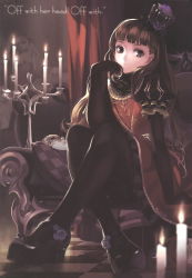 Rule 34 | 1girl, :&lt;, alice in wonderland, alphonse (white datura), black eyes, black gloves, black pantyhose, blunt bangs, brown hair, candle, chair, checkered floor, crown, dress, elbow gloves, english text, floor, flower, frills, full body, gloves, hat, high heels, highres, lolita fashion, long hair, looking at viewer, mary janes, mask, pantyhose, queen of hearts (alice in wonderland), rose, scan, shoes, sitting, skirt, solo
