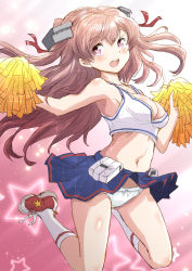 Rule 34 | 1girl, blue skirt, blush, breasts, cheering, cheerleader, cleavage, fuji (pixiv24804665), hair between eyes, highres, holding, holding pom poms, johnston (kancolle), kantai collection, kneehighs, large breasts, light brown hair, long hair, navel, open mouth, panties, pink eyes, pleated skirt, pom pom (cheerleading), pom poms, round teeth, shoes, skirt, smile, sneakers, socks, solo, sparkle, teeth, two side up, underwear, upper teeth only, white socks, white panties
