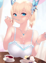 Rule 34 | 1girl, alternate hairstyle, bare arms, bare shoulders, blonde hair, blue eyes, blue nails, boku wa tomodachi ga sukunai, breasts, butterfly hair ornament, butterfly necklace, cait aron, cake, cleavage, collarbone, commentary, cup, eating, food, food on body, food on breasts, hair ornament, happy birthday, holding, holding spoon, jewelry, kashiwazaki sena, large breasts, looking at viewer, nail polish, necklace, solo, spoon, tea, teacup, twintails, upper body, utensil in mouth