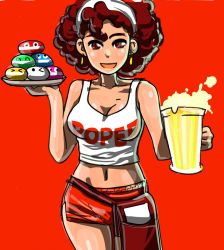 Rule 34 | 1girl, afro, alcohol, beer, beer mug, belt pouch, breasts, brown eyes, brown hair, cleavage, clothes writing, crop top, cup, earrings, employee uniform, hairband, hooters, jewelry, large breasts, mary (pop&#039;n music), midriff, mug, navel, no legwear, osamu yagi, pop&#039;n music, pouch, red background, short shorts, shorts, smile, solo, tank top, tray, uniform