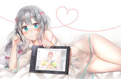 Rule 34 | 1girl, absurdres, aqua eyes, artist self-reference, bad id, bad pixiv id, barefoot, blue hair, blush, bow, cheosnuni, closed mouth, commentary request, drawing tablet, eromanga sensei, grey hair, hair bow, heart, highres, izumi sagiri, lingerie, long hair, looking at viewer, low-tied long hair, lying, negligee, on side, panties, pink bow, pink panties, smile, solo, stylus, underwear, white background