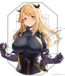 Rule 34 | 1girl, arknights, artist name, belt, belt pouch, black gloves, black sweater, blonde hair, blush, breasts, closed mouth, demon horns, elbow gloves, fh moya, gloves, highres, horns, large breasts, long hair, looking at viewer, meteorite (arknights), pouch, ribbed sweater, signature, simple background, smile, solo, string, sweater, swept bangs, turtleneck, turtleneck sweater, upper body, weibo logo, weibo watermark, white background, yellow eyes