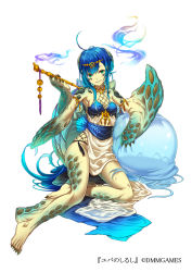 Rule 34 | 1girl, ahoge, bare shoulders, blue hair, breasts, claws, dmm, full body, green eyes, hair ornament, jellyfish, kiseru, looking at viewer, mataichi mataro, monster girl, official art, smoking pipe, sharp teeth, shell, simple background, small breasts, smile, smoking, solo, teeth, white background, yuba no shirushi