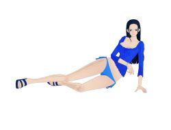 Rule 34 | 1girl, 3d, bikini, black hair, blue eyes, breasts, female focus, full body, lying, nico robin, one piece, solo, swimsuit, transparent background, xnalara