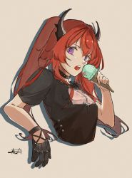 Rule 34 | arknights, black choker, black gloves, black shirt, choker, cropped torso, cross, cross necklace, food, gloves, harukan tiusu, highres, holding, holding food, horns, ice cream, ice cream cone, jewelry, long hair, looking at viewer, necklace, official alternate costume, open mouth, purple eyes, red hair, shirt, short sleeves, simple background, single glove, surtr (arknights), surtr (liberte echec) (arknights), twintails, yellow background