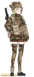 Rule 34 | 1girl, ammunition pouch, animal hat, bad id, bad pixiv id, blonde hair, blue eyes, brown gloves, brown skirt, camouflage, camouflage legwear, full body, gloves, gun, hand on own hip, hat, long sleeves, mars expedition, military, military uniform, miniskirt, pleated skirt, pouch, short hair, simple background, skirt, solo, standing, thighhighs, uniform, united kingdom, weapon, weapon request, white background, y (khakiyawn), zettai ryouiki