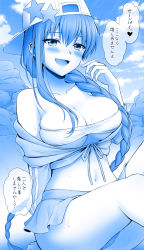 Rule 34 | 1girl, asymmetrical hair, backwards hat, bare shoulders, baseball cap, bb (fate), bb (fate) (all), bb (swimsuit mooncancer) (fate), bb (swimsuit mooncancer) (first ascension) (fate), beach, blue theme, blush, braid, breasts, chacharan, cleavage, collarbone, cropped jacket, fate/grand order, fate (series), hair between eyes, hat, hat ornament, highres, large breasts, long hair, long sleeves, looking at viewer, monochrome, navel, off shoulder, open mouth, single braid, sitting, skirt, smile, solo, speech bubble, star (symbol), star hat ornament, thighs, translation request, very long hair