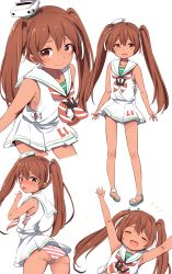 Rule 34 | 10s, 1girl, ass, blush, brown hair, closed eyes, dark-skinned female, dark skin, fang, fang out, from behind, hair between eyes, highres, kantai collection, libeccio (kancolle), long hair, looking at viewer, multiple views, open mouth, panties, simple background, striped clothes, striped panties, tonari (ichinichime azuma), twintails, underwear, white background