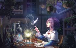 Rule 34 | 1girl, alchemy, book, bracelet, braid, braided bun, candle, candlestand, chair, chemistry, collarbone, fairy, fantasy, green eyes, hair between eyes, hair bun, hanging plant, highres, index finger raised, indoors, jewelry, long sleeves, magic, night, open book, original, parted lips, pendant, plant, profile, purple hair, shawl, single hair bun, sitting, solo, table, tube, vikpie, wide sleeves, window, wooden chair, wooden table, yr santoria (vikpie)