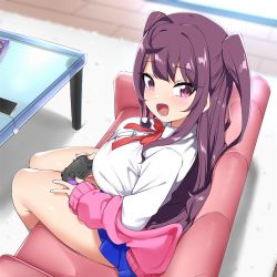 Rule 34 | :d, bad id, bad twitter id, bare legs, bebebe (pepegakii), blue skirt, brown hair, controller, couch, glass table, hase rinon, highres, holding, holding controller, indoors, jacket, long hair, miniskirt, neck ribbon, open mouth, pink eyes, pink jacket, red ribbon, ribbon, shirt, sitting, skirt, smile, table, tama project, two side up, virtual youtuber, white shirt
