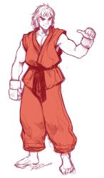 Rule 34 | 1boy, armor, bad id, bad tumblr id, barefoot, capcom, dougi, eyebrows, japanese armor, ken masters, kote, male focus, muscular, pointing, pointing at self, robaato, short hair, solo, street fighter, thick eyebrows