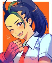 Rule 34 | 1girl, black hair, blush, border, breast pocket, clenched hand, collared shirt, commentary, creatures (company), fingerless gloves, game freak, gloves, green hair, hand up, highres, kinomi 3030, looking at viewer, multicolored hair, necktie, nemona (pokemon), nintendo, notice lines, one eye closed, open mouth, orange eyes, outside border, pocket, pokemon, pokemon sv, ponytail, red gloves, red necktie, shirt, short sleeves, solo, streaked hair, teeth, two-tone hair, upper body, white border, white shirt