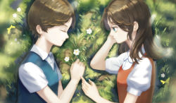 Rule 34 | 1boy, 1girl, blue eyes, blue vest, bug, butterfly, closed eyes, flower, from above, grass, hand on own cheek, hand on own face, highres, bug, long hair, looking at another, lying, miantiao135, on side, original, red vest, short hair, short sleeves, siblings, twins, vest, yellow butterfly