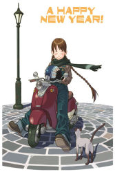 Rule 34 | 1girl, blush, boots, braid, brown hair, cat, closed eyes, gloves, helmet, motor vehicle, neoko, original, overalls, pairan, scarf, scooter, smile, solo, vehicle