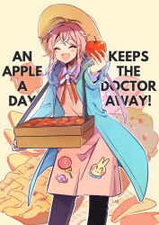 Rule 34 | 1boy, ^ ^, absurdres, amemura ramuda, androgynous, apple, apple pie, apple rabbit, aqua coat, black pants, brown hat, candy, candy apple, closed eyes, coat, commentary request, cupcake, english text, fang, feet out of frame, food, food-themed background, food art, fruit, hat, highres, holding, holding food, holding fruit, hypnosis mic, labjusticaholic, lollipop, long sleeves, male focus, open clothes, open coat, open mouth, pants, pastry, pie, pink hair, red ribbon, ribbon, shirt, sidelocks, skin fang, solo, waffle, white background, white shirt