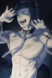 Rule 34 | 1boy, abs, absurdres, animal collar, animal ears, black hair, blue eyes, chain, chain leash, claws, collar, collar chain (jewelry), drooling, facial scar, final fantasy, final fantasy vii, fingernails, hair slicked back, halloween, highres, kemonomimi mode, leash, long fingernails, looking at viewer, lower teeth only, male focus, medium hair, montaro, mouth drool, navel, open mouth, restrained, saliva, scar, scar on cheek, scar on face, sharp fingernails, sideburns, solo, tail, teeth, toned, toned male, topless male, trick or treat, upper body, upper teeth only, werewolf, werewolf costume, wolf ears, wolf tail, zack fair