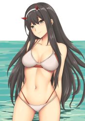 Rule 34 | 10s, 1girl, alternate eye color, alternate hair color, arcie albano, arms behind back, bare shoulders, bikini, black hair, blush, breasts, brown eyes, cleavage, closed mouth, collarbone, commentary, cowboy shot, darling in the franxx, english commentary, gluteal fold, grey hairband, hair between eyes, hairband, head tilt, highres, horns, long hair, medium breasts, multi-strapped bikini, navel, ocean, sidelocks, signature, smile, solo, stomach, straight hair, swimsuit, thighs, very long hair, water, white background, white bikini, zero two (darling in the franxx)