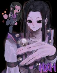 Rule 34 | &lt;o&gt; &lt;o&gt;, 1boy, black background, black eyes, black hair, expressionless, highres, holding, holding needle, hunter x hunter, illumi zoldyck, long hair, long sleeves, looking at viewer, male focus, needle, nen (hunter x hunter), pin, simple background, solo, upper body, ziyuuuuuuda
