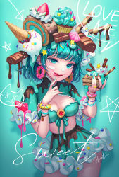 Rule 34 | 1girl, :p, absurdres, aqua background, aqua shirt, bad id, bad pixiv id, bead bracelet, beads, blue background, blue eyes, blue hair, blue skirt, bracelet, breasts, cake, candy, chocolate, chocolate bar, cleavage cutout, clothing cutout, commentary request, cowboy shot, cream, cream on face, crop top, cupcake, doughnut, doughnut earrings, ear piercing, earrings, english text, food, food on face, frilled skirt, frills, fruit, heartki, highres, holding, holding cake, holding food, ice cream, jewelry, looking at viewer, medium breasts, midriff, multicolored nails, multicolored shirt, nail polish, original, parted lips, piercing, shirt, short hair, short sleeves, signature, skirt, smile, solo, standing, strawberry, tongue, tongue out, wafer stick