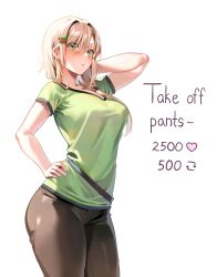 Rule 34 | 1girl, absurdres, alex (minecraft), arm behind head, blonde hair, blush, breasts, brown pants, commentary, cowboy shot, english commentary, english text, green eyes, green shirt, hand on own hip, highres, large breasts, long hair, machulanko, meme, minecraft, pants, shirt, short sleeves, simple background, solo, twitter strip game (meme), white background