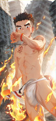 Rule 34 | 1boy, abs, absurdres, alca (wakatanka4), animal ears, battle, beitemian, black hair, blue sky, building, chest tattoo, city, cityscape, closed mouth, destruction, dutch angle, fire, fundoshi, gyee, highres, japanese clothes, jewelry, lion boy, lion ears, lion tail, looking at hand, male focus, muscular, muscular child, navel, necklace, nipples, outdoors, red eyes, rubble, short hair, shorts, sky, skyscraper, solo, tail, tattoo, undercut, aged down