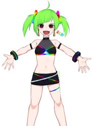 Rule 34 | 1girl, :d, ahoge, armband, black skirt, delruki, delutaya, diagonal bangs, earrings, green hair, highres, indie virtual youtuber, jewelry, looking at viewer, medium hair, miniskirt, navel, open mouth, outstretched arms, red eyes, rgb lights, simple background, skirt, smile, solo, spread arms, standing, stomach, thigh strap, virtual youtuber, white background, yoako