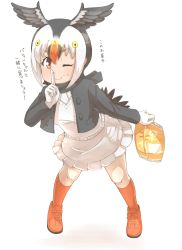 Rule 34 | 10s, 1girl, atlantic puffin (kemono friends), bird tail, bird wings, black hair, blonde hair, chips (food), commentary request, crumbs, finger to mouth, food, frilled skirt, frills, gloves, head wings, highres, jacket, japari symbol, kemono friends, long sleeves, multicolored hair, necktie, one eye closed, red hair, red socks, scarf, short hair, shushing, skirt, socks, solo, sweater vest, tail, thin (suzuneya), translation request, v-shaped eyebrows, white hair, wings