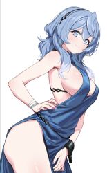 Rule 34 | 1girl, ako (blue archive), ako (dress) (blue archive), backless dress, backless outfit, bare shoulders, blue archive, blue dress, blue hair, bracelet, breasts, center opening, cuffs, dress, from side, hairband, hand on own hip, highres, jewelry, large breasts, looking at viewer, nail polish, official alternate costume, side slit, sideboob, sideless dress, sideless outfit, sleeveless, sleeveless dress, smile, solo, white background, zhanzheng zi